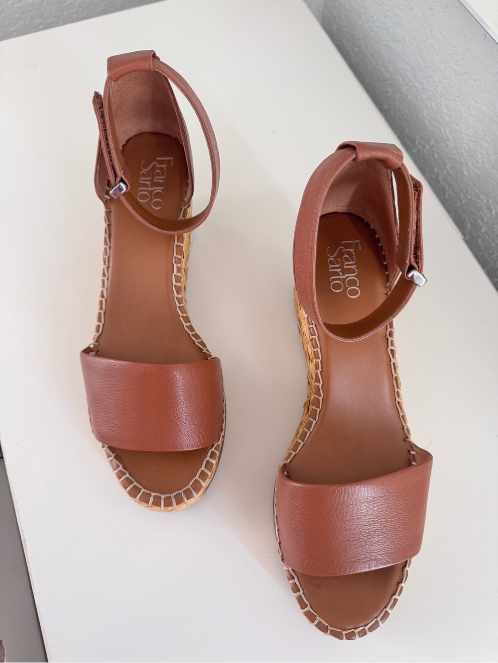 Franco Sarto Tan Brown Leather Ankle-Strap Wedge Sandals